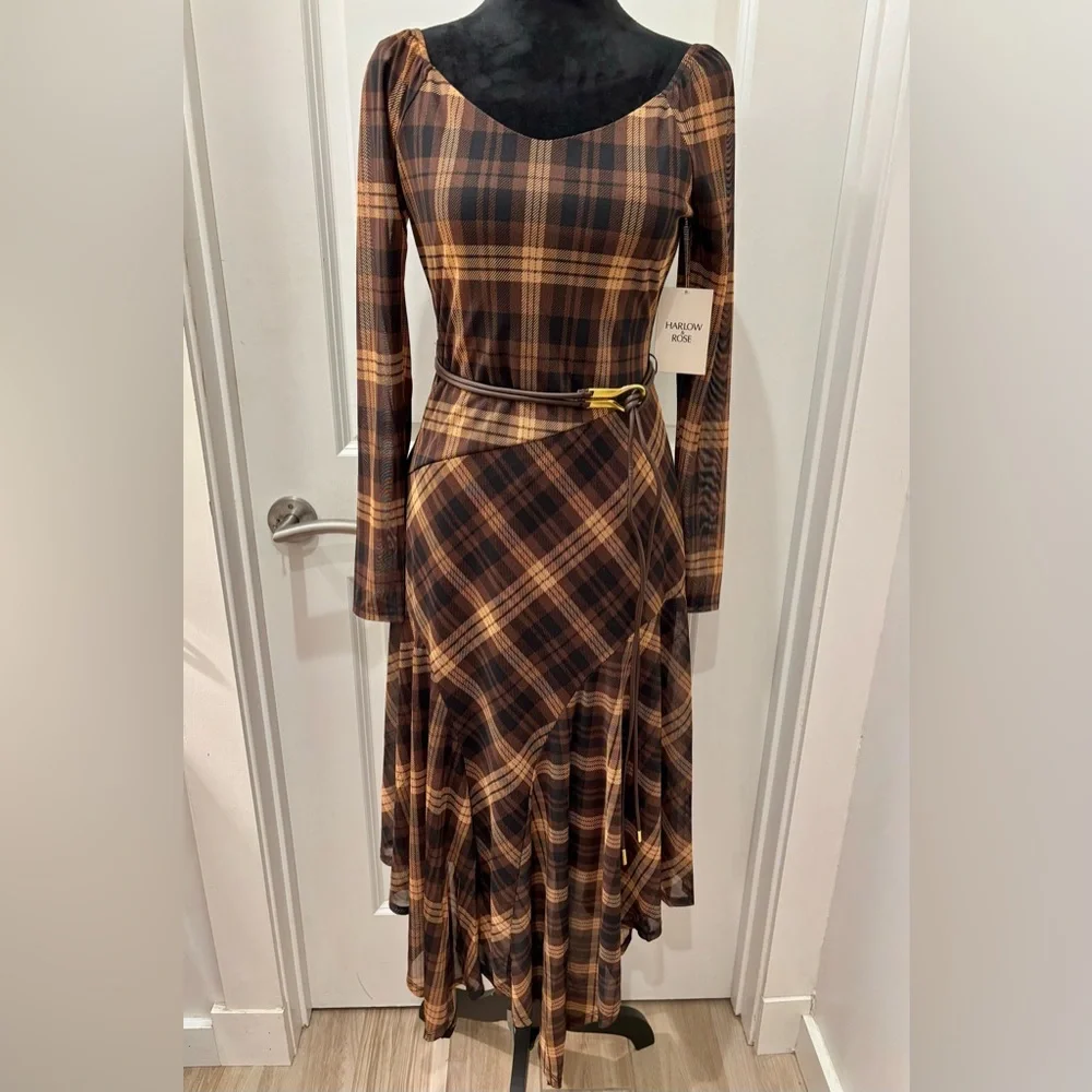 NWT Harlow & Rose 70’s retro plaid sheer layered waterfall dress - M - Picture 1 of 13